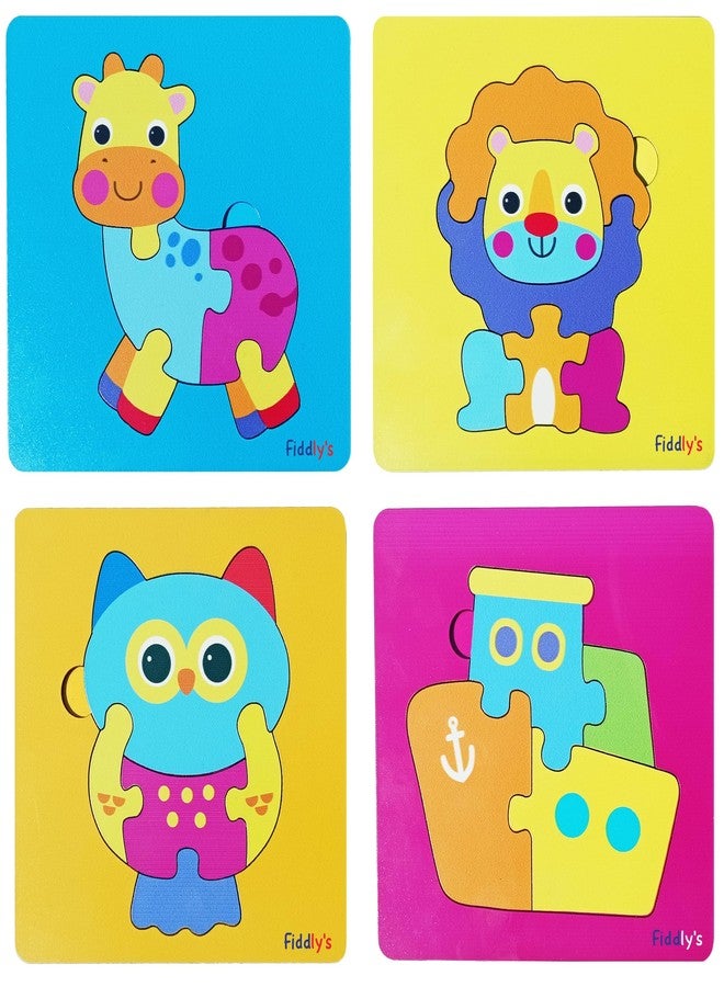 فيدلايز أحجيات خشبية ثلاثية الأبعاد لطيفة برسومات كرتونية للأطفال، أحجيات خشبية مزدوجة الطبقات مع طباعة أمامية وخلفية زاهية (عبوة من 4 حيوانات صغيرة + سفينة) - Image 1